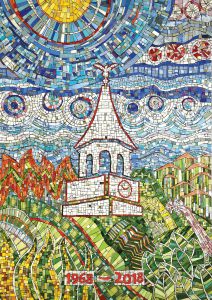 Colorful mosaic featuring the WilmU clock tower