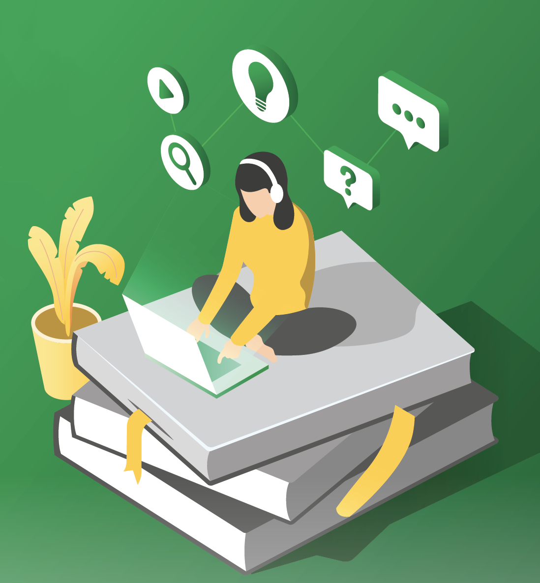 Vector illustration of woman studying on large books with a computer and headphones on