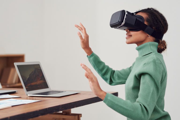 A young woman wears a virtual reality headset