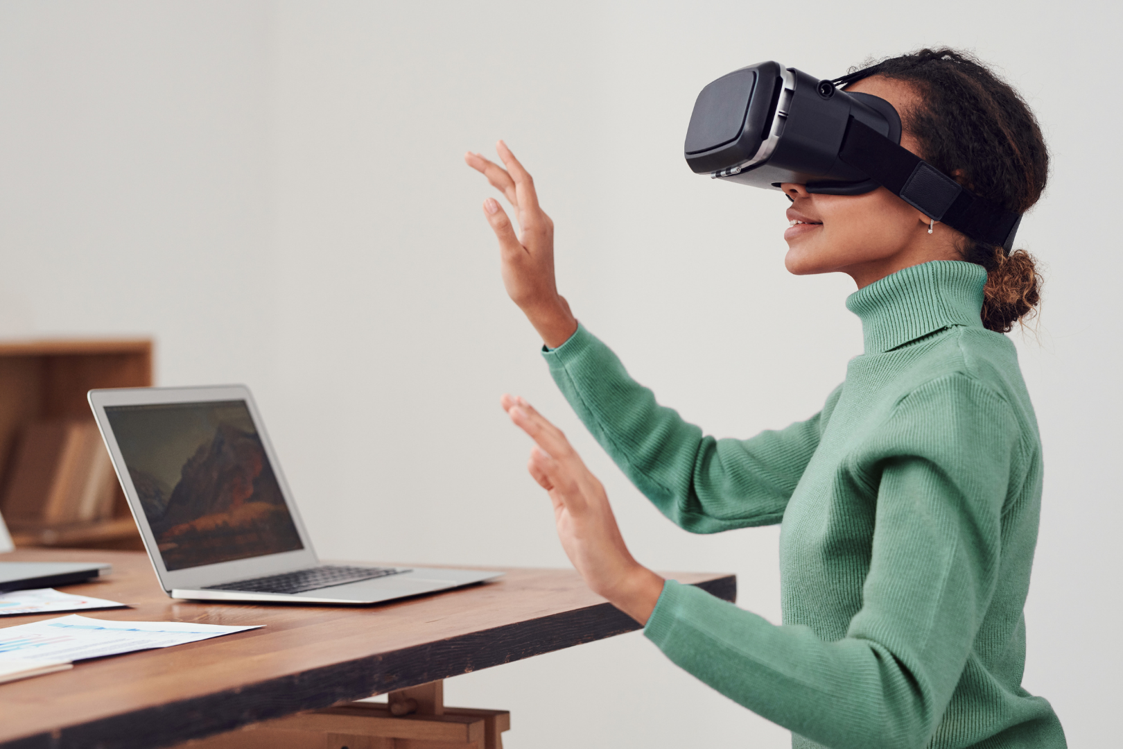 A young woman wears a virtual reality headset
