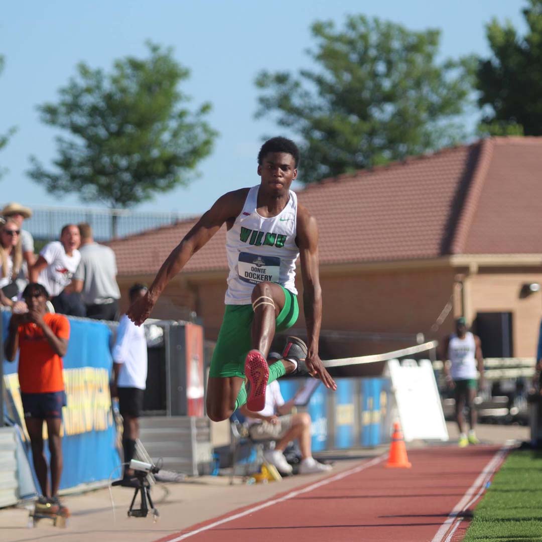 Donte Dockery during his final jump in the 2025 NCAA Division II Outdoor Track and Field Championships.