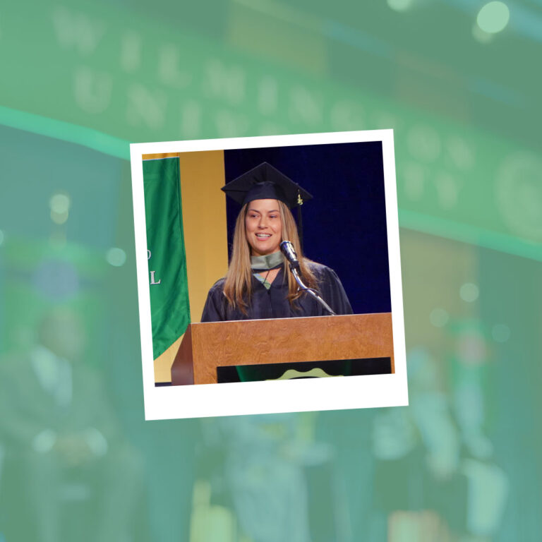 Summer McMenamin speaking at the 2025 Wilmington University Commencement.