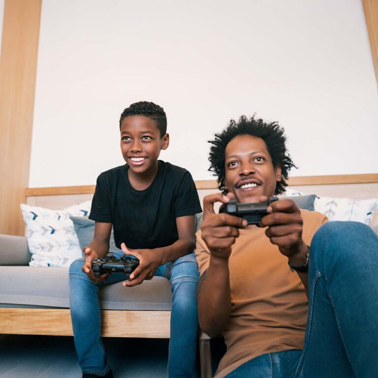 Two people playing video games together.