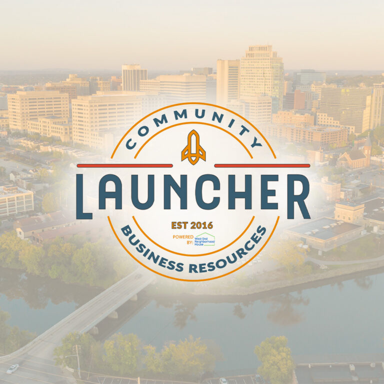 Launcher logo layered over a sunset photo of the Wilmington Delaware skyline.
