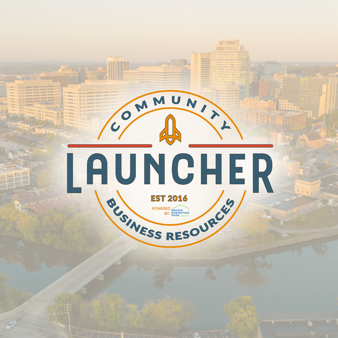 Launcher logo layered over a sunset photo of the Wilmington Delaware skyline.