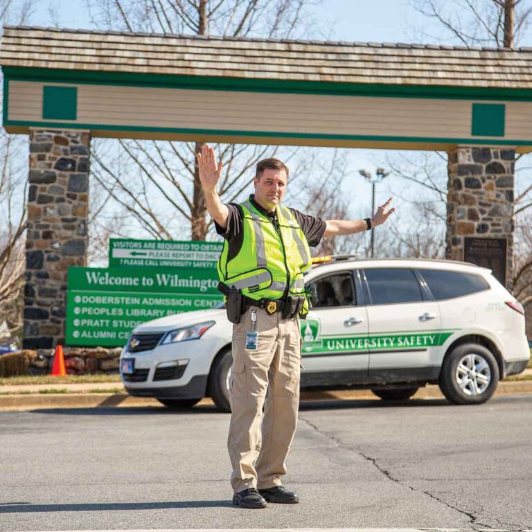 Safety car and crossing guard at Wilmington University