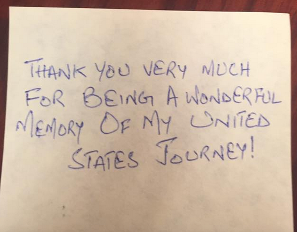 A handwritten note from a student saying "Thank you very much for being a wonderful memory of my united states journey"