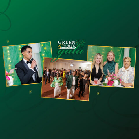 This graphic collage features three photographs from a formal event, the "Green & White Gala," set against a deep green background with decorative swirls and golden sparks. The images show a man in a tuxedo speaking into a microphone, guests dancing on a ballroom floor, and three women seated at a table decorated with flowers.