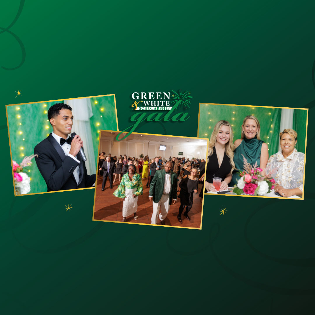 This graphic collage features three photographs from a formal event, the "Green & White Gala," set against a deep green background with decorative swirls and golden sparks. The images show a man in a tuxedo speaking into a microphone, guests dancing on a ballroom floor, and three women seated at a table decorated with flowers.