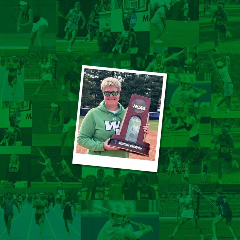 A photo of Erin Harvery holding an NCAA trophy surrounded by green tinted photos of WilmU student athletes.