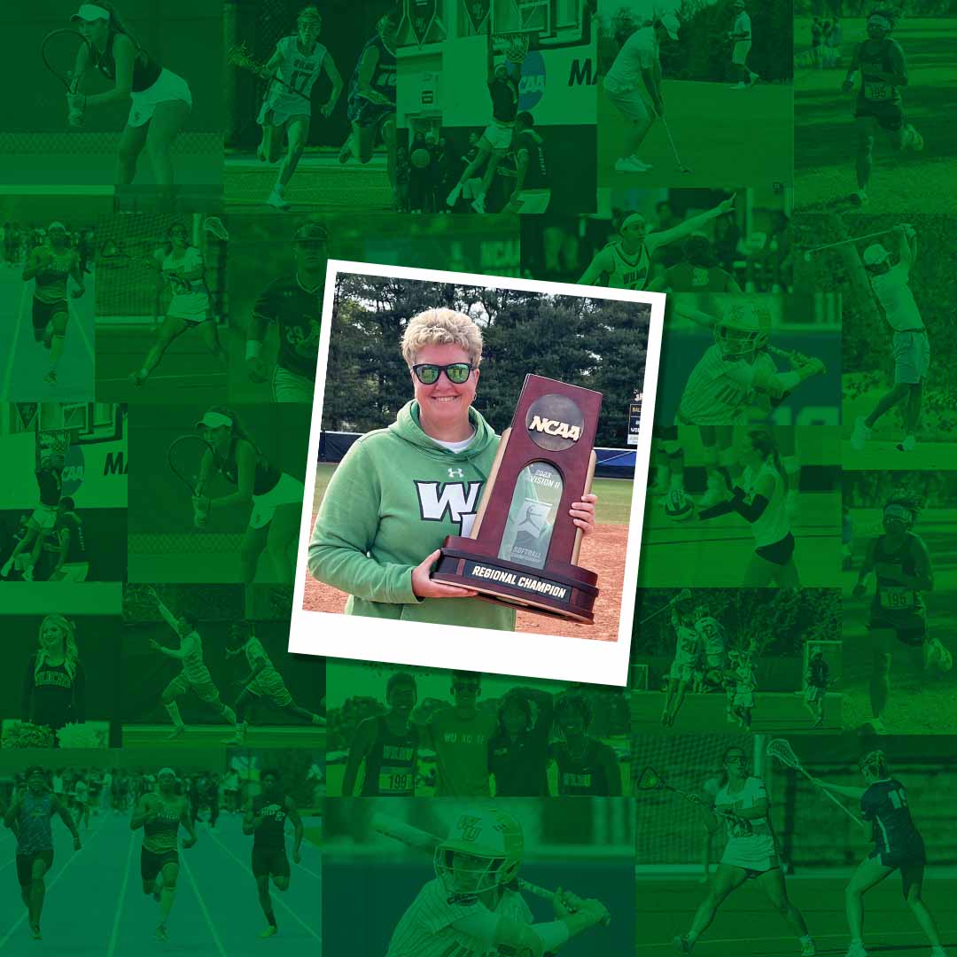 A photo of Erin Harvery holding an NCAA trophy surrounded by green tinted photos of WilmU student athletes.