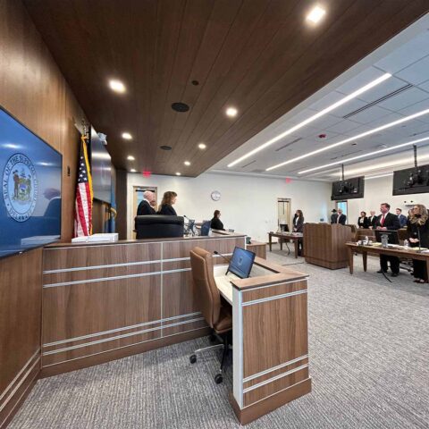 Delaware Supreme Court hearing in Wilmington University School of Law courtroom.