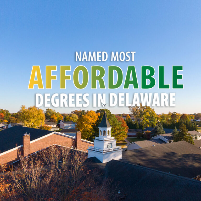 An aerial view of the Wilmington University campus, featuring the text "NAMED MOST AFFORDABLE DEGREES IN DELAWARE."
