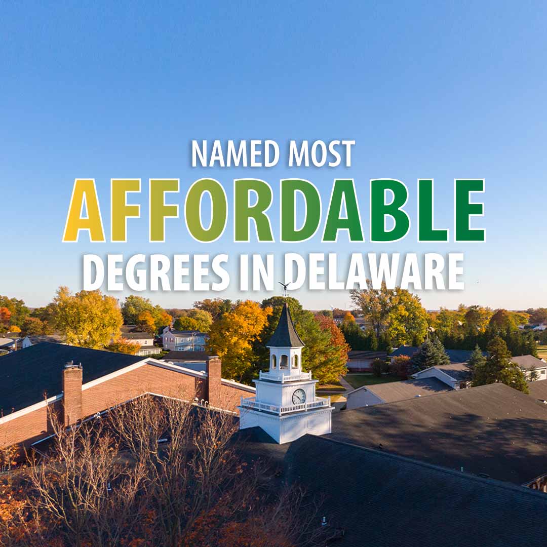 An aerial view of the Wilmington University campus, featuring the text "NAMED MOST AFFORDABLE DEGREES IN DELAWARE."