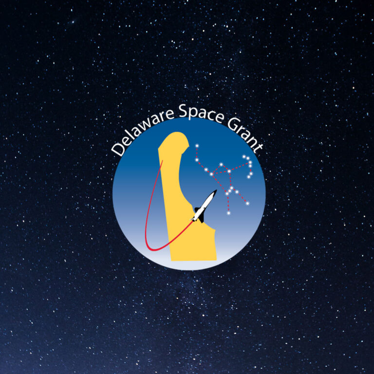 Delaware Space Grant logo in front on a starry night sky.