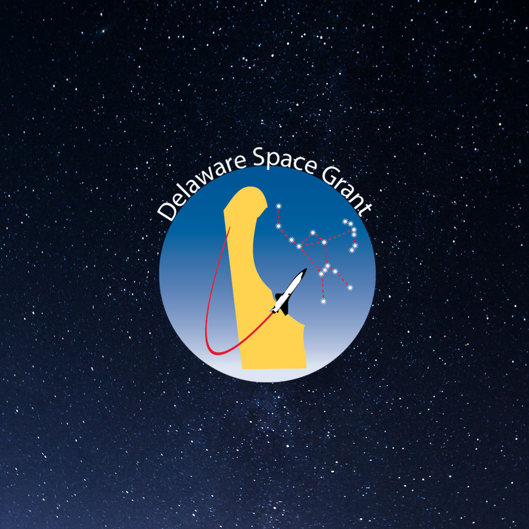 Delaware Space Grant logo in front on a starry night sky.