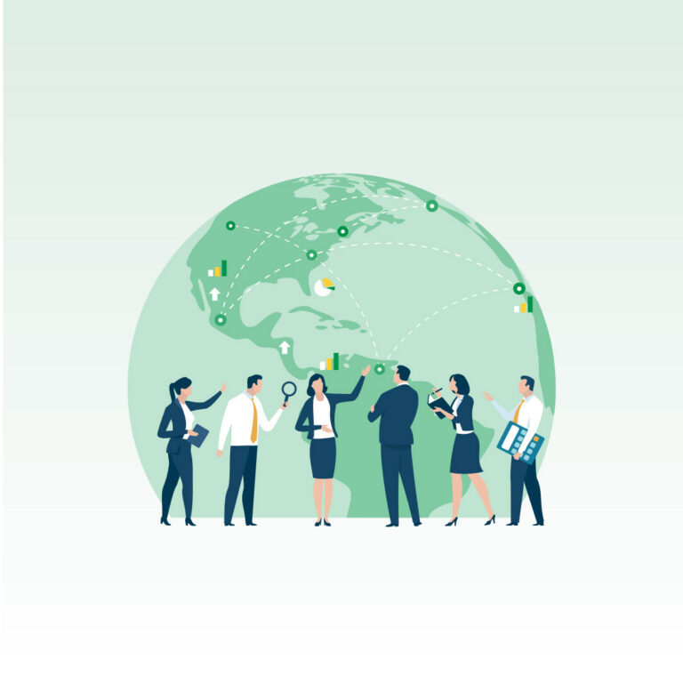 Gemini said An illustration of a diverse group of six professionals in business attire standing in front of a large, light green globe.