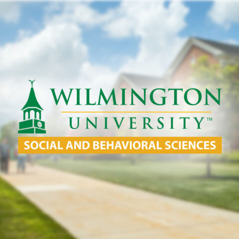 The College of Social and Behavioral Sciences logo overlayed on top of a blurred photo of the Wilmington University campus.