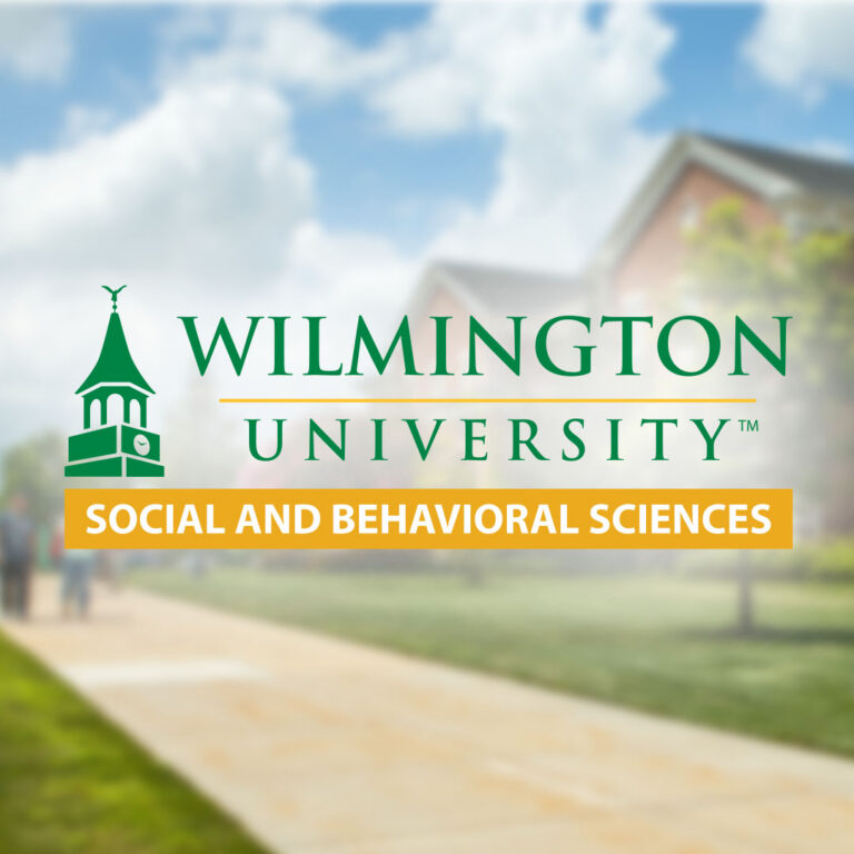 The College of Social and Behavioral Sciences logo overlayed on top of a blurred photo of the Wilmington University campus.