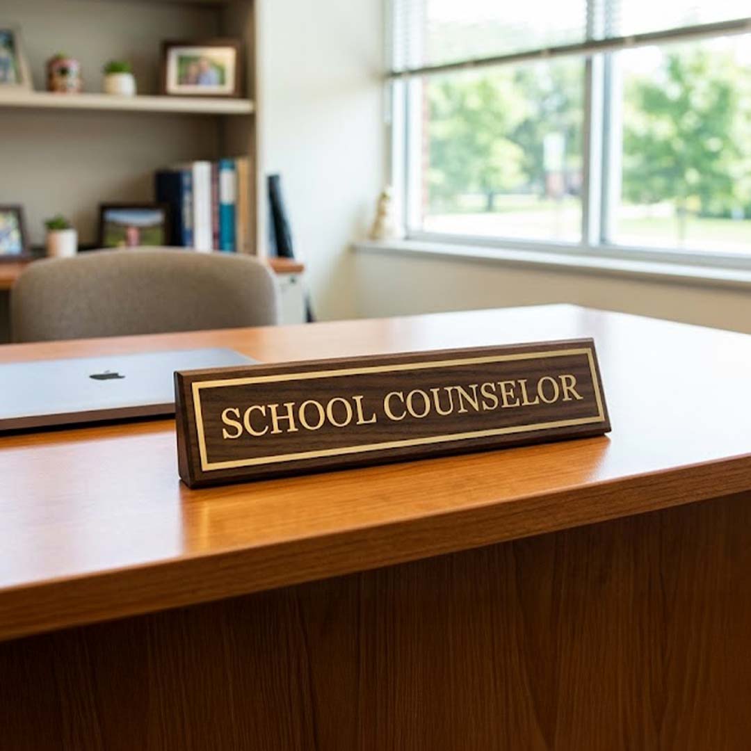 A "school counselors" name plate on a desk in a brightly lit office.