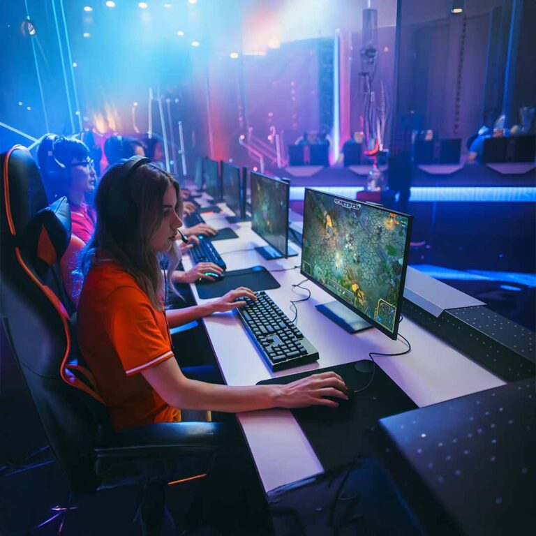 girl playing video game on team.