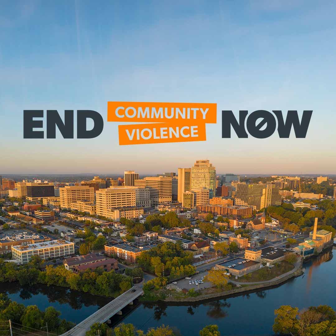 A skyline photo of Wilmington Delaware with the "End Community Violence Now" logo.