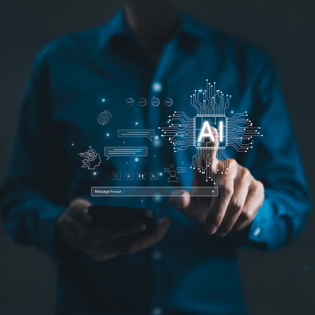 A man pressing a holographic "AI" button.