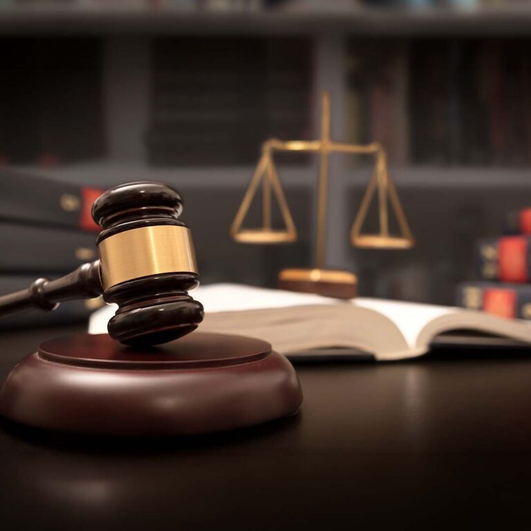A gavel and law books on a desk.