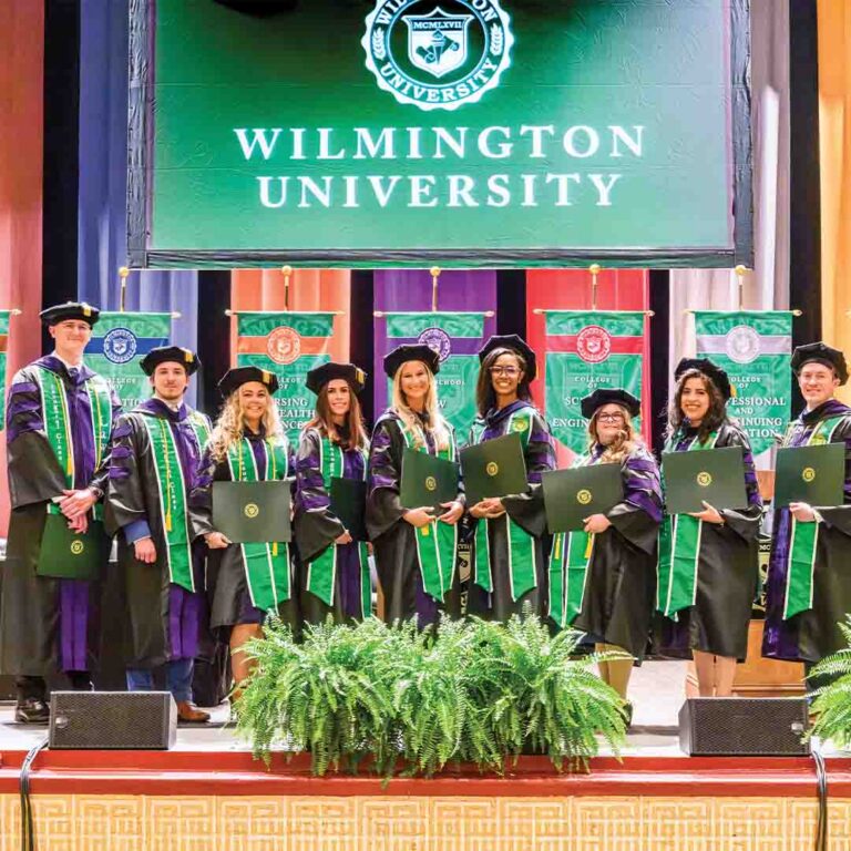 Farnan School of Law graduates on stage.