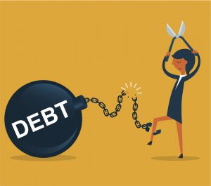 Illustration of woman cutting ball and chain that says "debt"