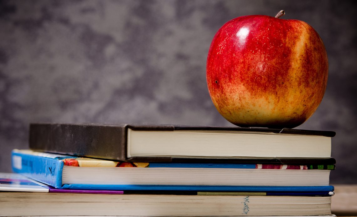 An apple sits on books in front of a chalkboard