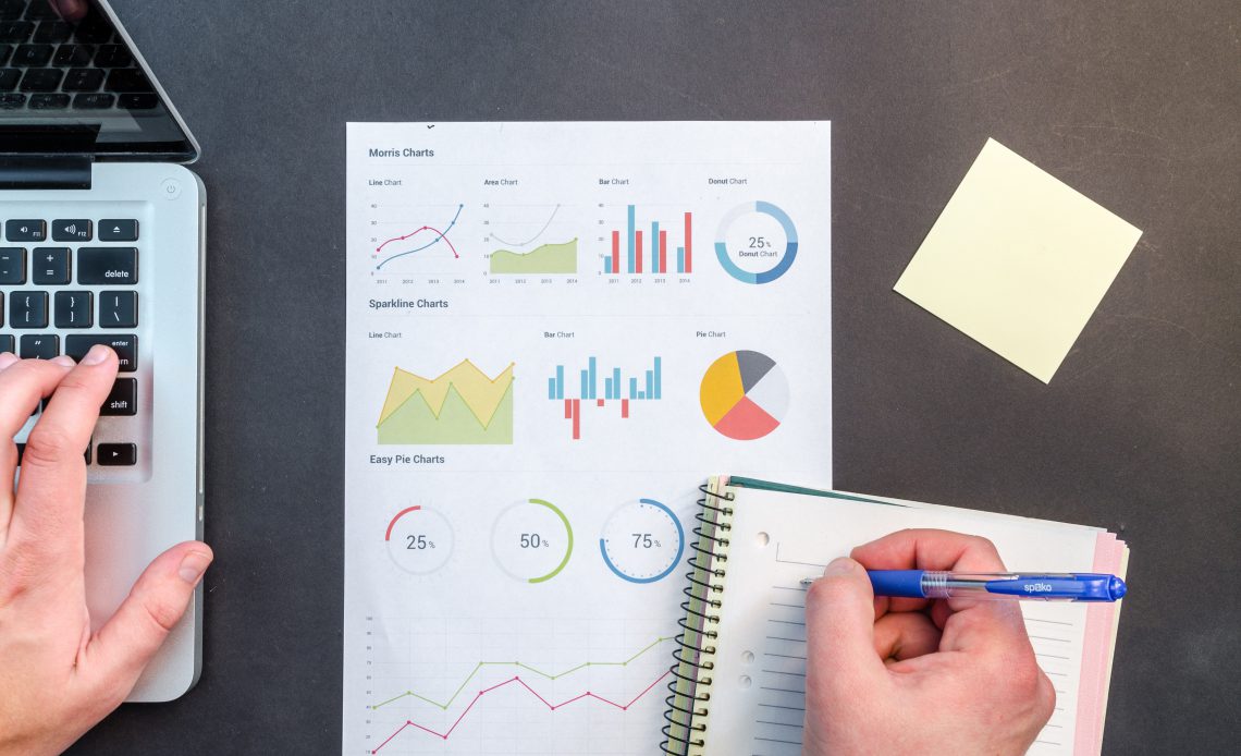 A printed page of colorful business charts and graphs