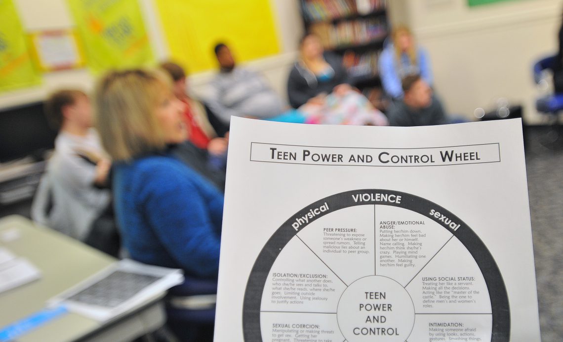 A worksheet is held up in. a room of people titled "Teen Power and Control"
