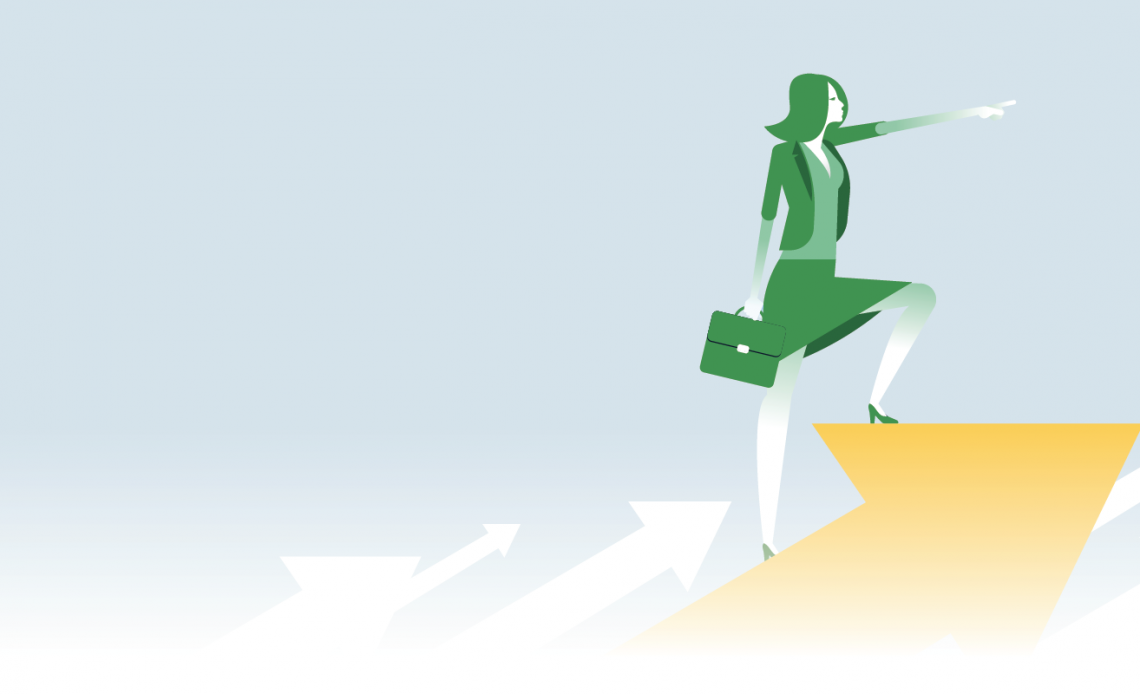 Green business woman vector with briefcase points forward while climbing arrows upwards