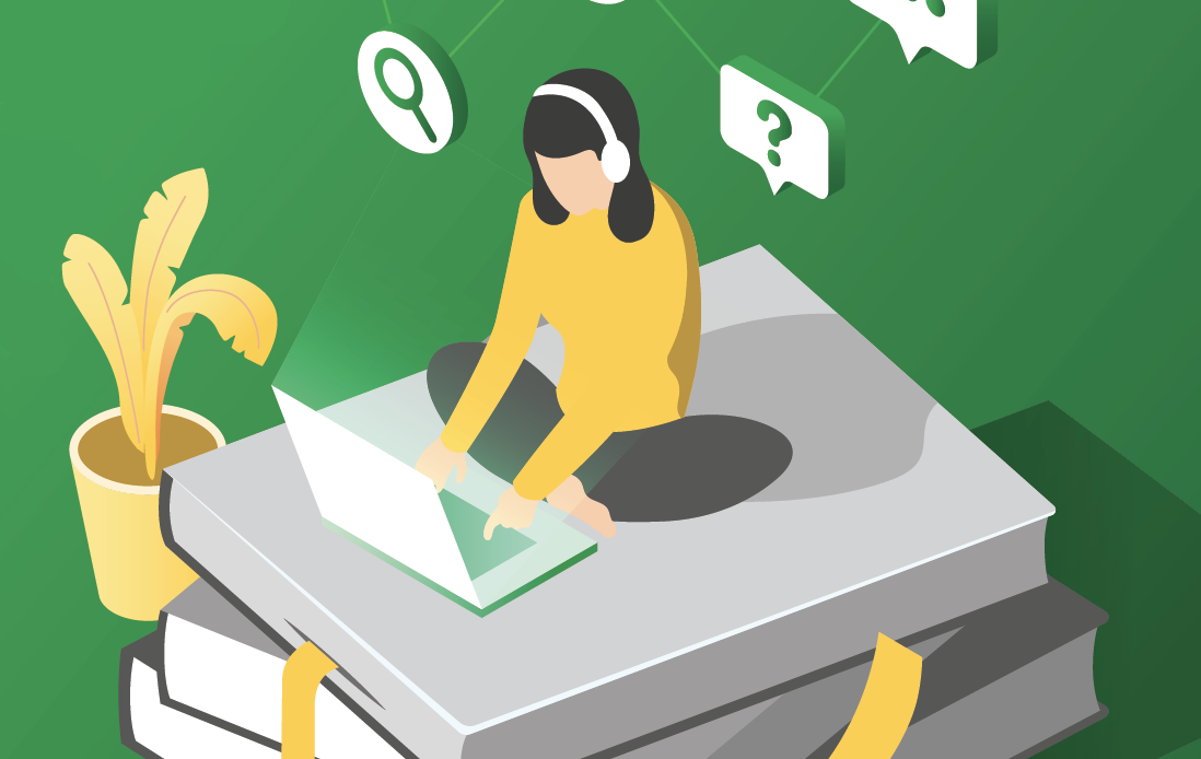 Vector illustration of woman studying on large books with a computer and headphones on