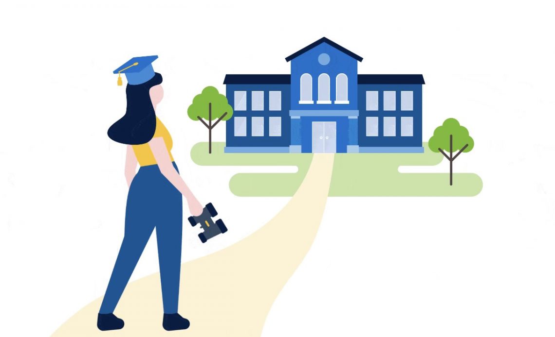 Illustration of woman with blue graduation cap looking through binoculars at college building