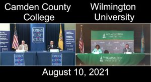 A split screen of CCC on the left and WilmU on the right signing paperwork