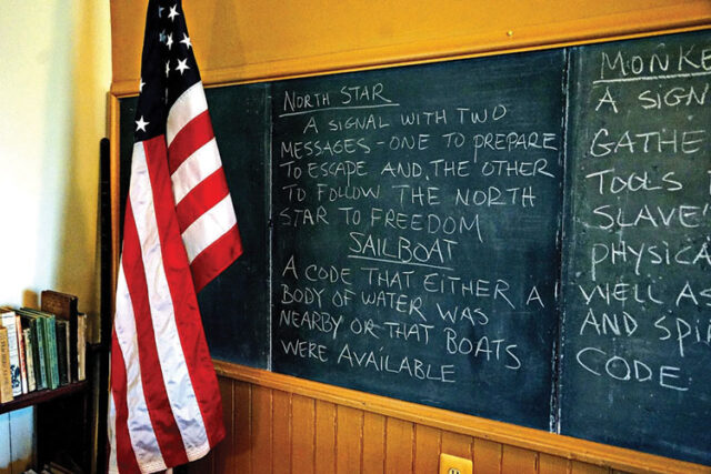 The blackboard at the restored classroom at the Hosanna School near Darlington, Maryland, awaits the arrival of students. The school was the first of four Freedmen’s Bureau Schoolhouses in Harford County. Today, it’s a museum that interprets the history of Harford County through the lens of the African American experience.
