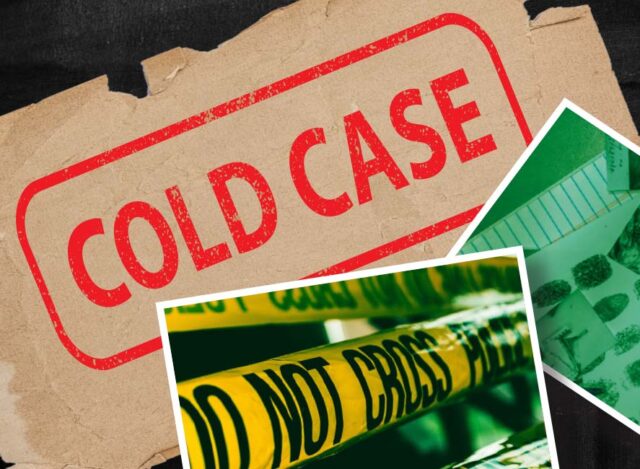 "Cold Case" stampted onto weathered paper surrounded by crime scene photos.