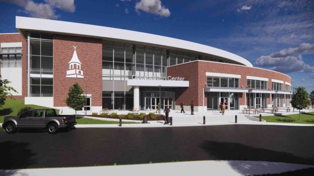 Rendering of the front entrance of the new Convocation Center.