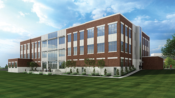 Rendering of the rear entrance of the law school building.