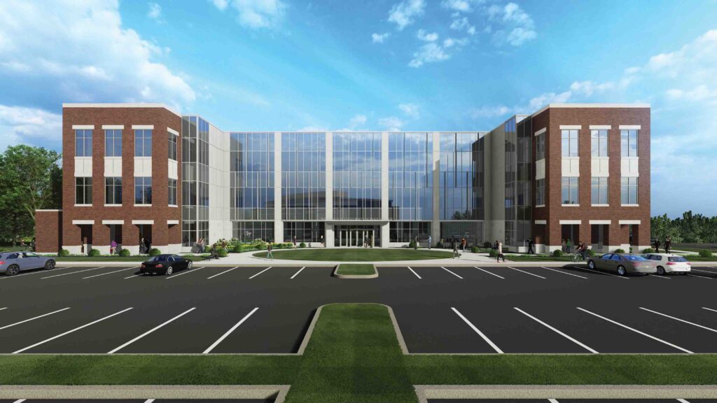 Rendering of the front entrance of the law school building.