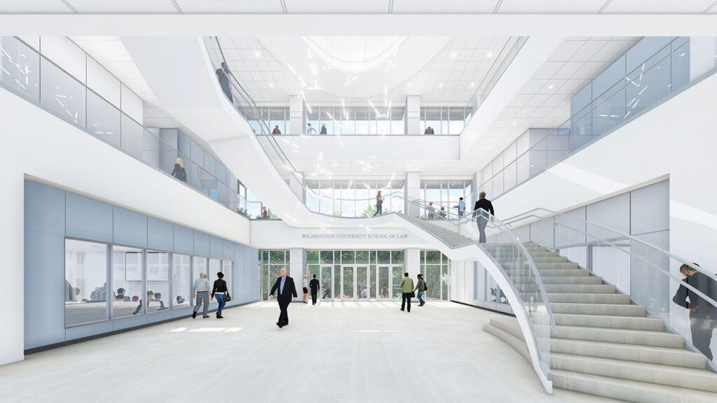 Rendering of the three-floor atrium within the new law school building.