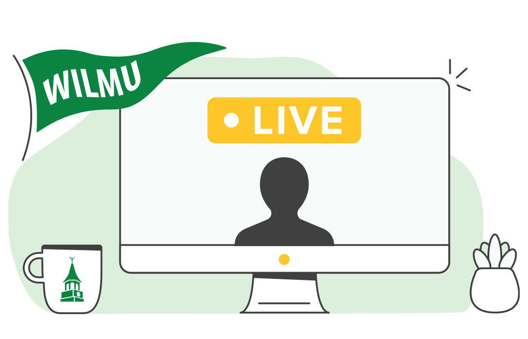 Illustration of Online Live learning featuring a desktop computer with a love zoom call, a coffee mug, and a WilmU flag hanging above the computer.