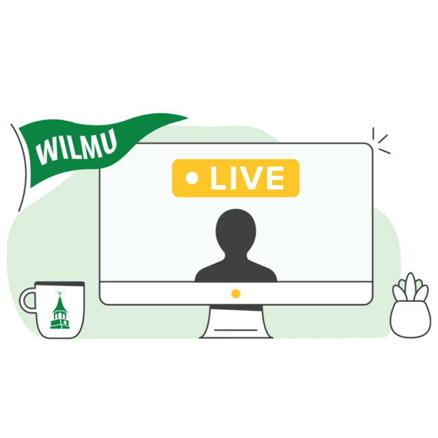 Illustration of Online Live learning featuring a desktop computer with a love zoom call, a coffee mug, and a ڶ flag hanging above the computer.