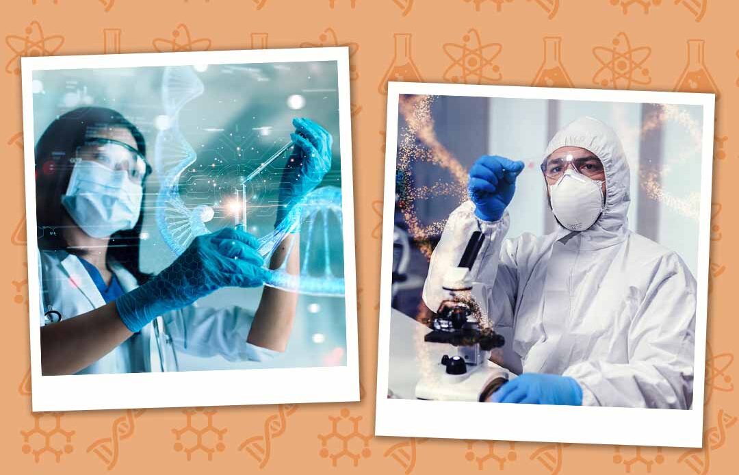 Two images: Left - a scientist in a lab coat and mask examines a DNA helix. Right - a scientist in full protective gear using laboratory equipment. Background has science-themed icons.