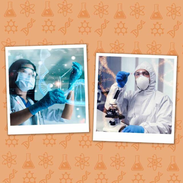 Two images: Left - a scientist in a lab coat and mask examines a DNA helix. Right - a scientist in full protective gear using laboratory equipment. Background has science-themed icons.