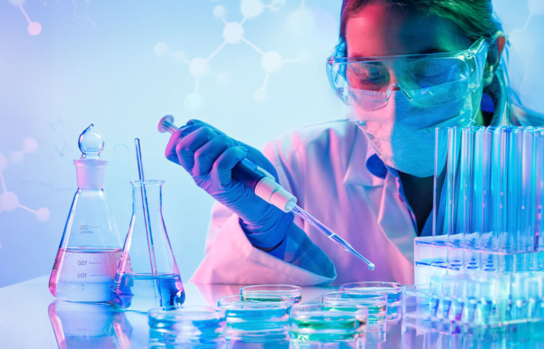 A scientist wearing protective goggles, a face mask, and gloves is using a pipette to transfer liquid into petri dishes in a laboratory. Surrounding the scientist are glass beakers, test tubes, and scientific equipment. The background features molecular structures, giving the image a futuristic and scientific atmosphere.